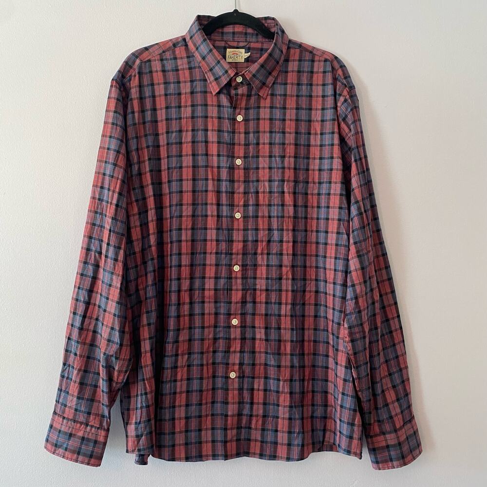 Faherty Cotton Blend Lightweight Red Blue Plaid Button Down Shirt Men's size XXL